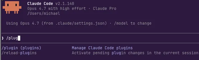 Claude Code with /plug typed, suggesting the /plugin command
